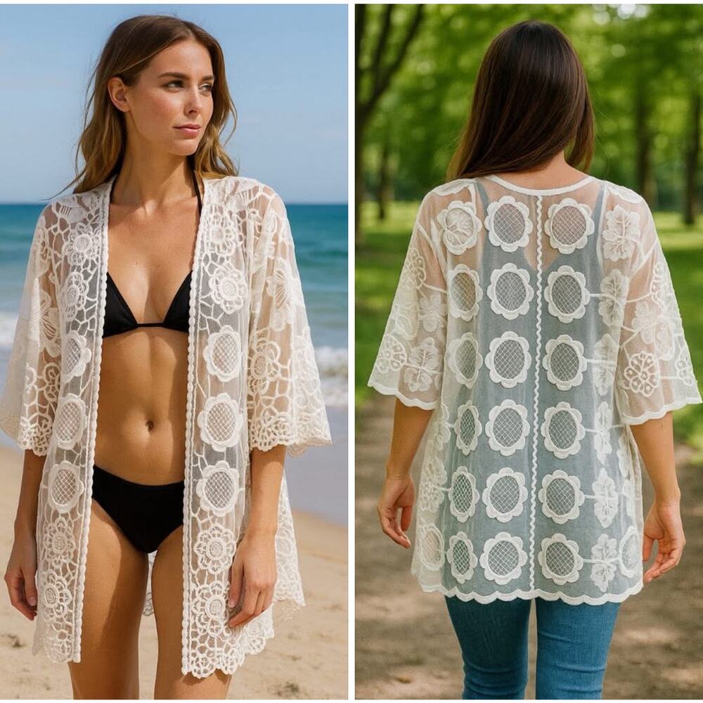 XCVI Embroidered White Floral Lace BOHO Peasant Cardigan Kimono Top Coverup Sz M